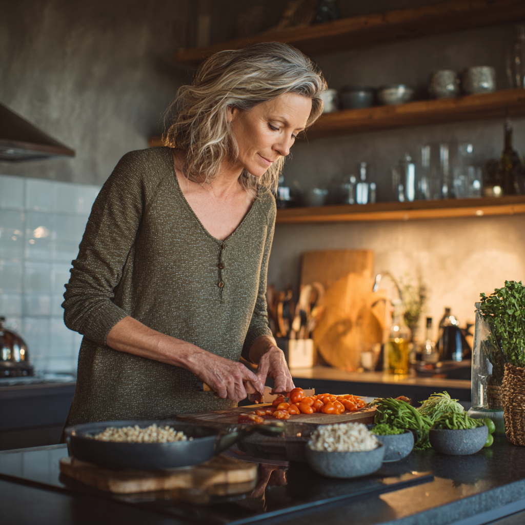 Middle-aged woman preparing healthy meal with fresh vegetables and grains in modern kitchen