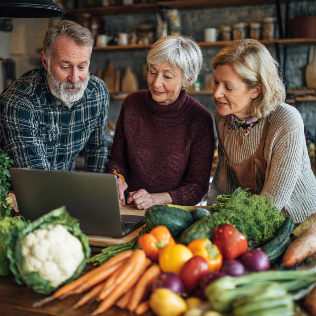 Nutritionist consulting with mature adults about healthy meal planning and dietary choices