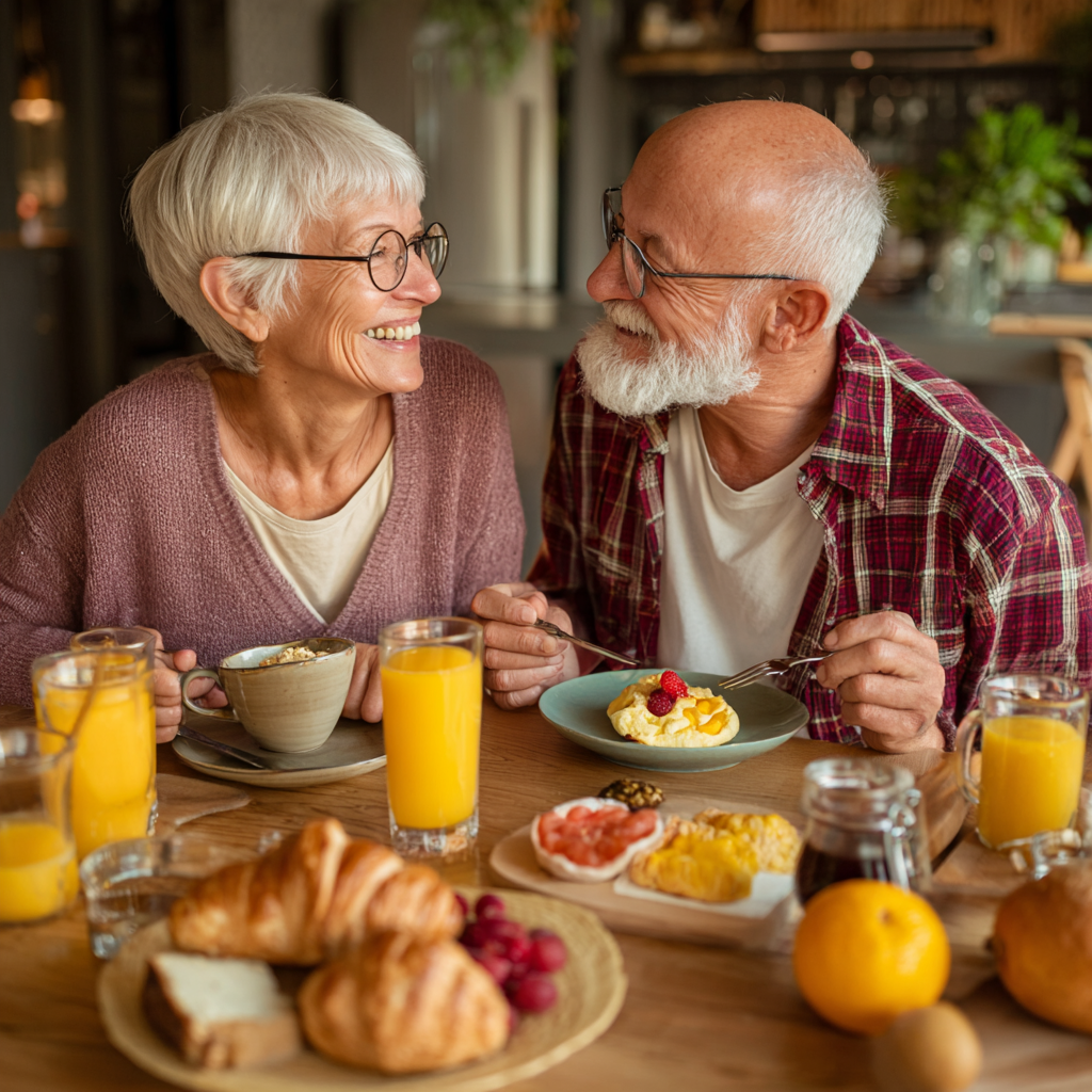 Senior couple enjoying healthy breakfast together with nutritious foods and beverages